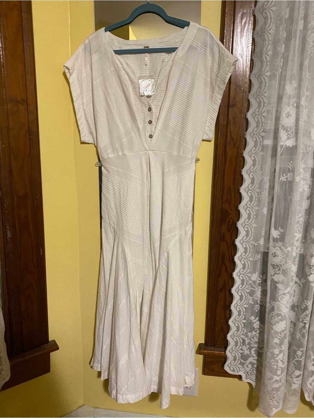 Free People Cream V-Neck Button-Front Maxi Dress with Subtle Stripe